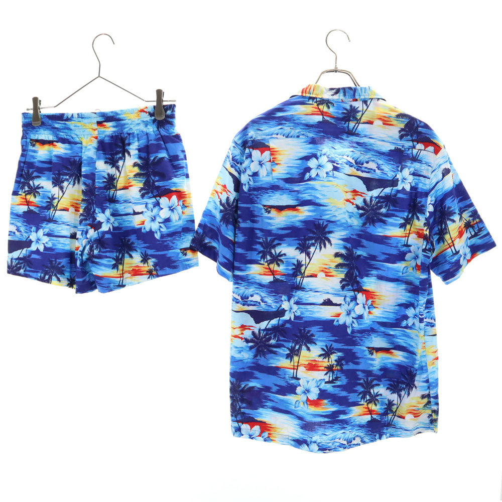 トロピカルエッセンス 90s USA製 オールド パームツリー柄 半袖 アロハシャツ 上下 セットアップ L ブルー Tropical Essence ショートパンツ ビーチウェア ハイビスカス メンズ