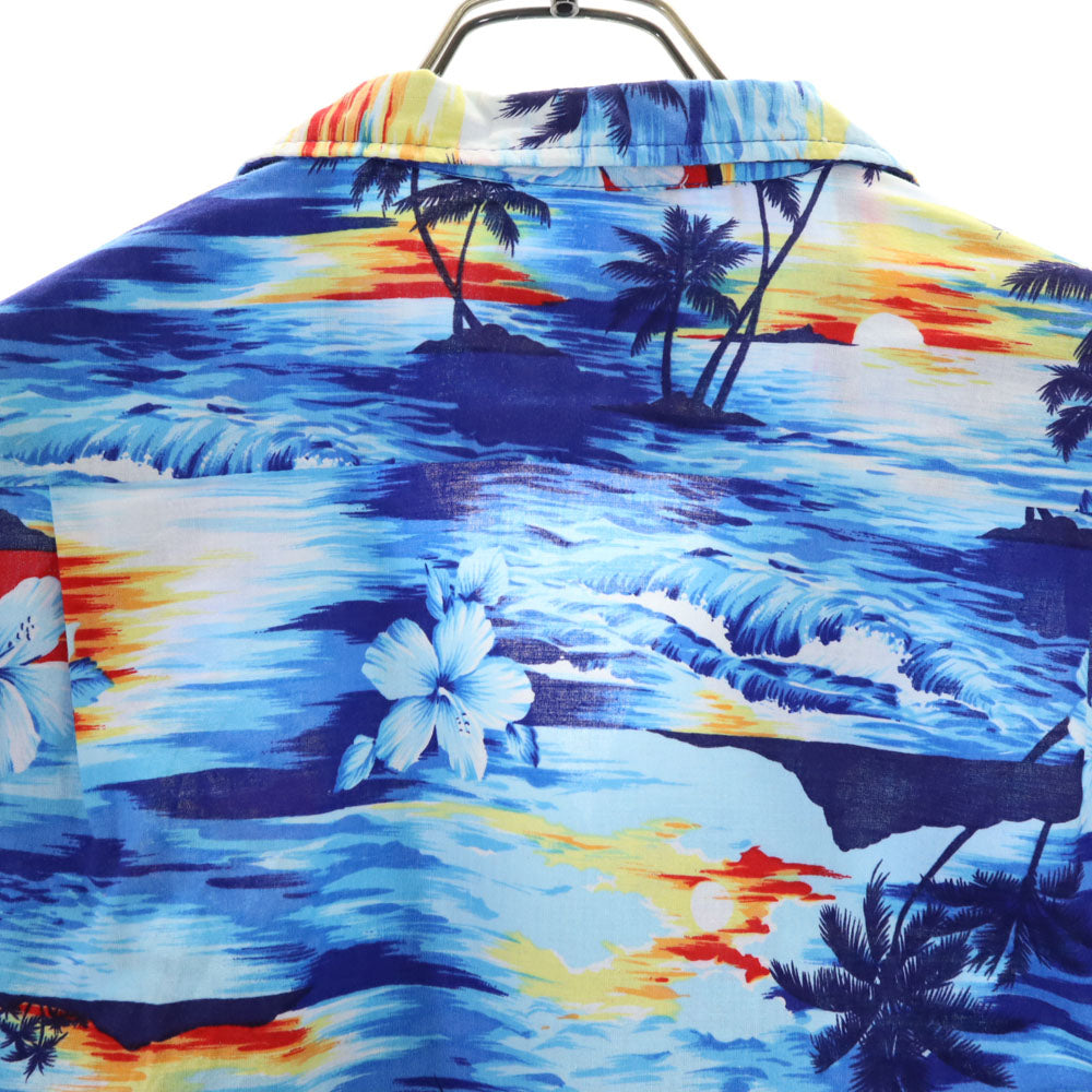 トロピカルエッセンス 90s USA製 オールド パームツリー柄 半袖 アロハシャツ 上下 セットアップ L ブルー Tropical Essence ショートパンツ ビーチウェア ハイビスカス メンズ