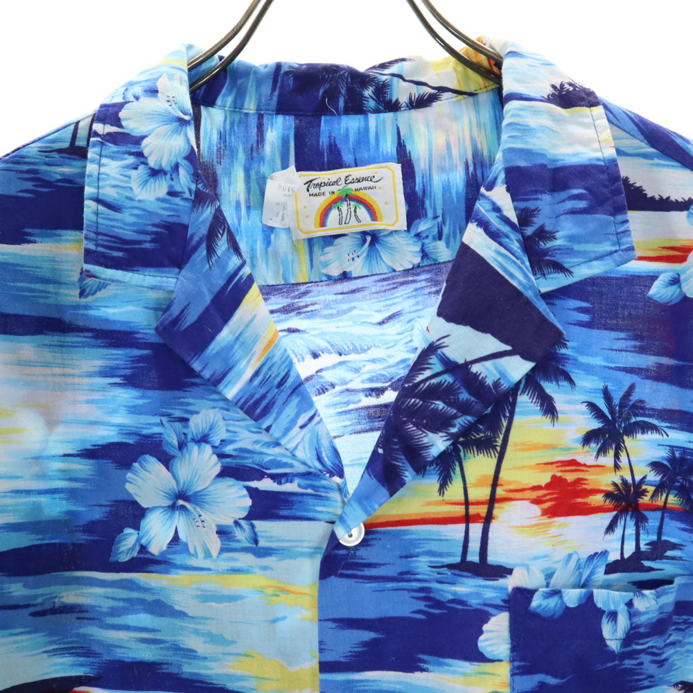 トロピカルエッセンス 90s USA製 オールド パームツリー柄 半袖 アロハシャツ 上下 セットアップ L ブルー Tropical Essence ショートパンツ ビーチウェア ハイビスカス メンズ