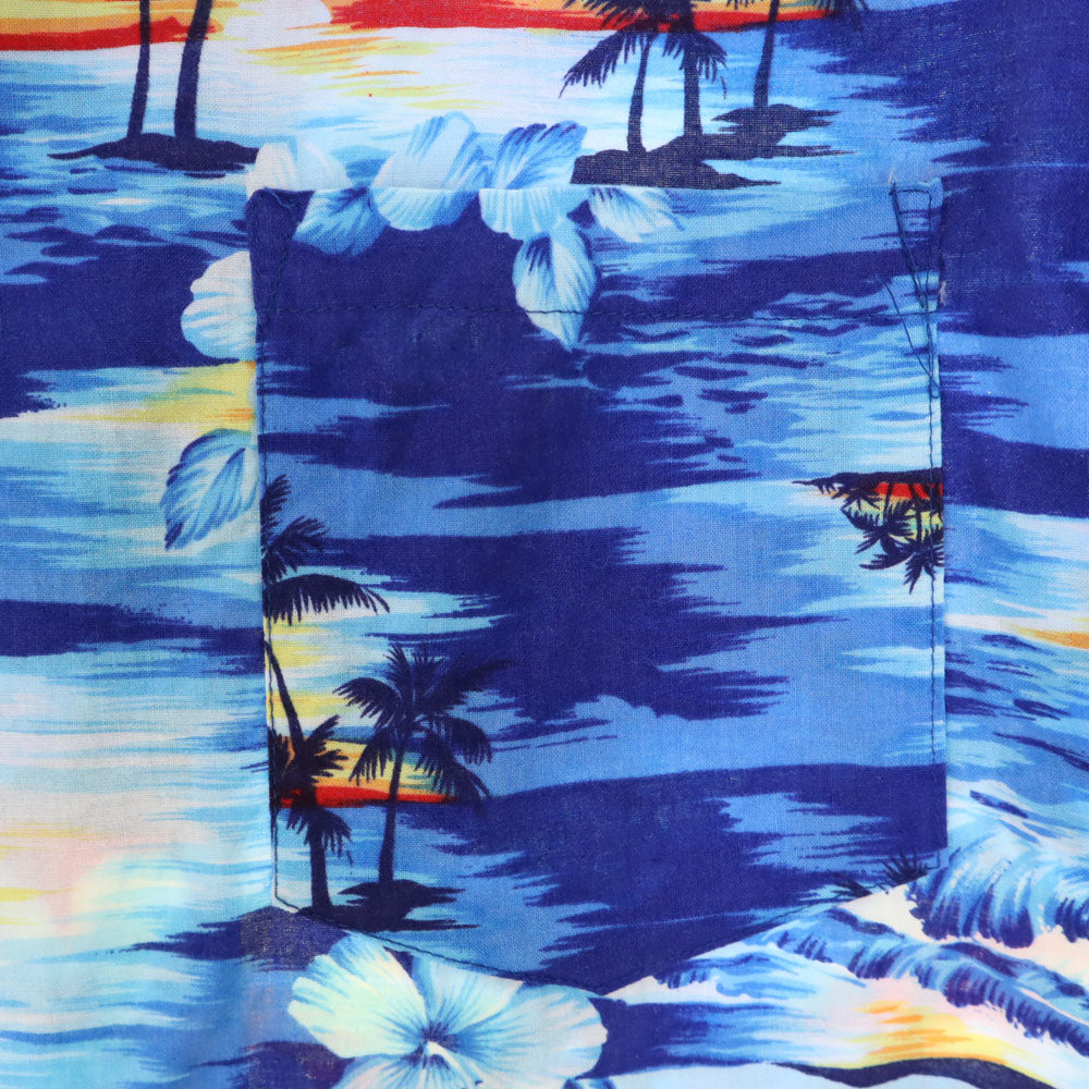 トロピカルエッセンス 90s USA製 オールド パームツリー柄 半袖 アロハシャツ 上下 セットアップ L ブルー Tropical Essence ショートパンツ ビーチウェア ハイビスカス メンズ