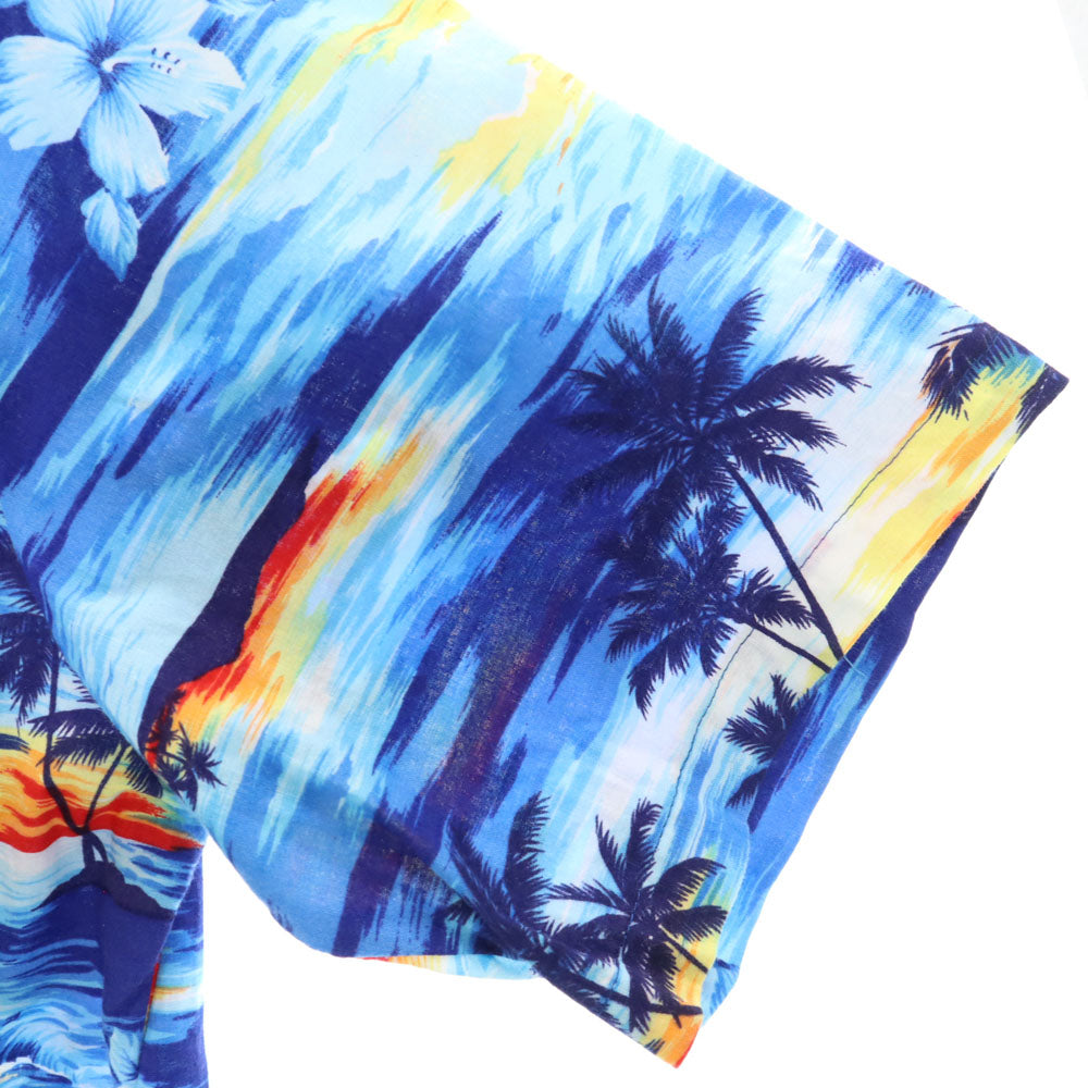 トロピカルエッセンス 90s USA製 オールド パームツリー柄 半袖 アロハシャツ 上下 セットアップ L ブルー Tropical Essence ショートパンツ ビーチウェア ハイビスカス メンズ