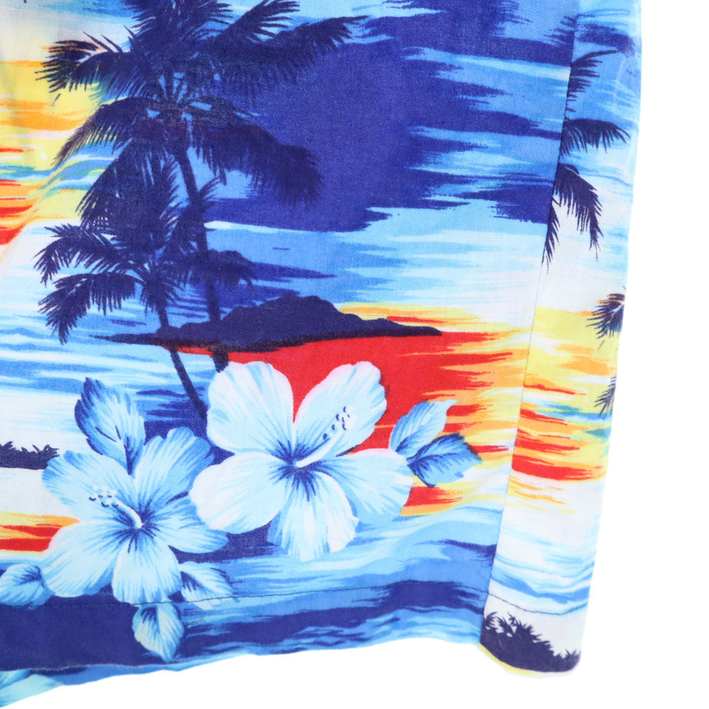 トロピカルエッセンス 90s USA製 オールド パームツリー柄 半袖 アロハシャツ 上下 セットアップ L ブルー Tropical Essence ショートパンツ ビーチウェア ハイビスカス メンズ