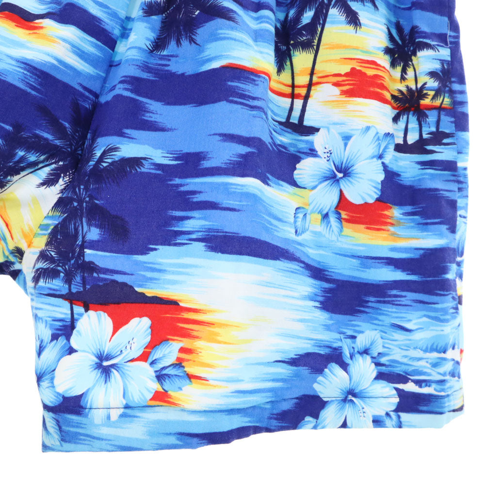 トロピカルエッセンス 90s USA製 オールド パームツリー柄 半袖 アロハシャツ 上下 セットアップ L ブルー Tropical Essence ショートパンツ ビーチウェア ハイビスカス メンズ