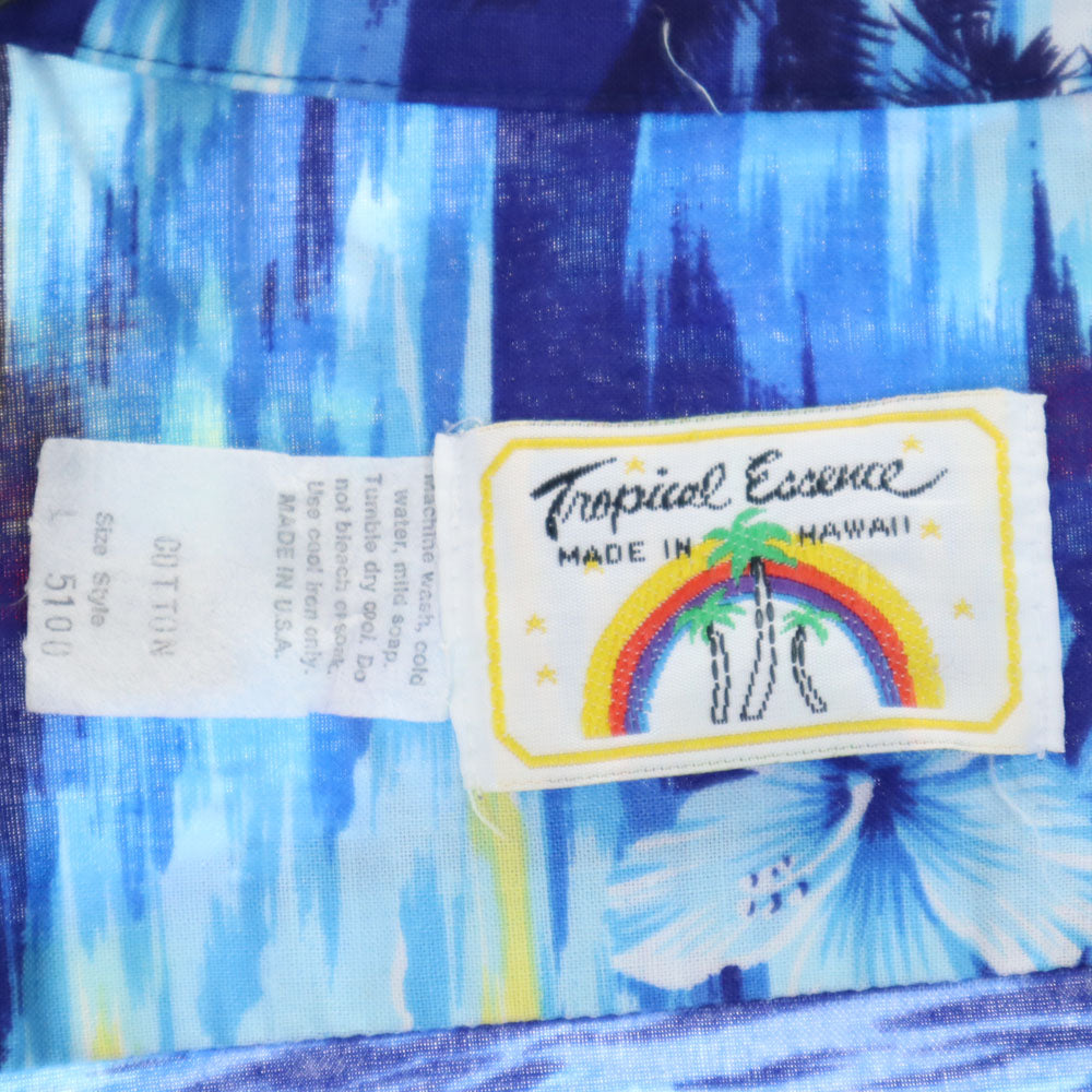 トロピカルエッセンス 90s USA製 オールド パームツリー柄 半袖 アロハシャツ 上下 セットアップ L ブルー Tropical Essence ショートパンツ ビーチウェア ハイビスカス メンズ