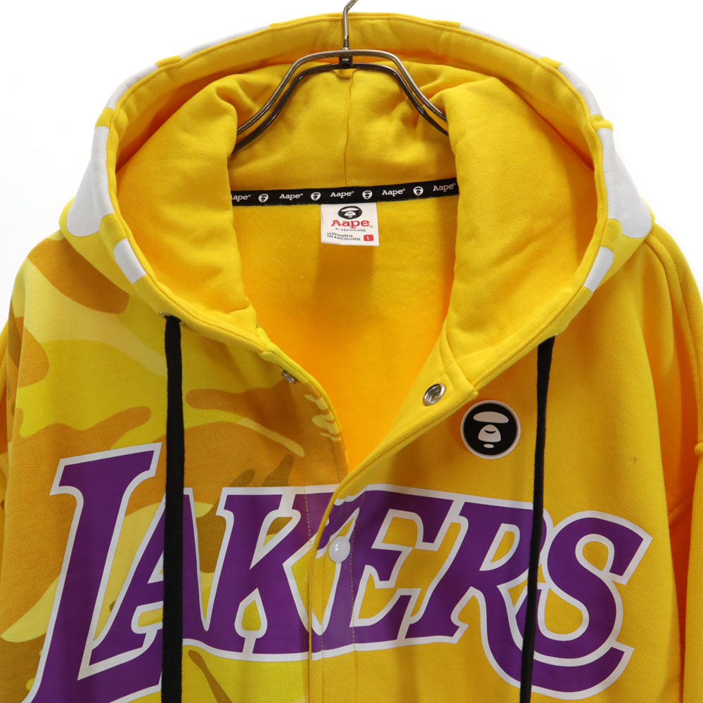 エーエイプ NBA レイカーズ コラボ 長袖 スウェットパーカー L イエロー AAPE x LAKERS 裏起毛 スタジャン メンズ