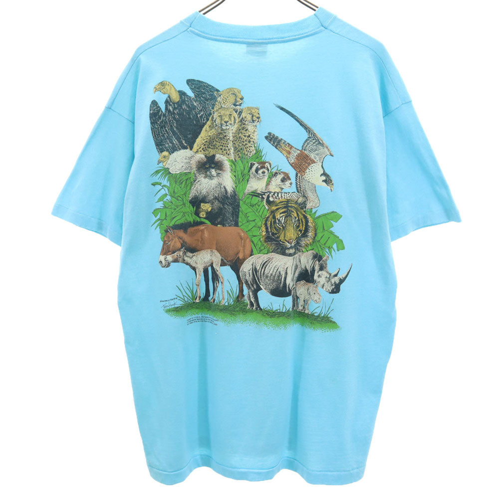 スクリーンスターズベスト 80s USA製 アニマルプリント 半袖 Tシャツ XL 水色 SCREEN STARS BEST シングルステッチ オールド ヴィンテージ メンズ