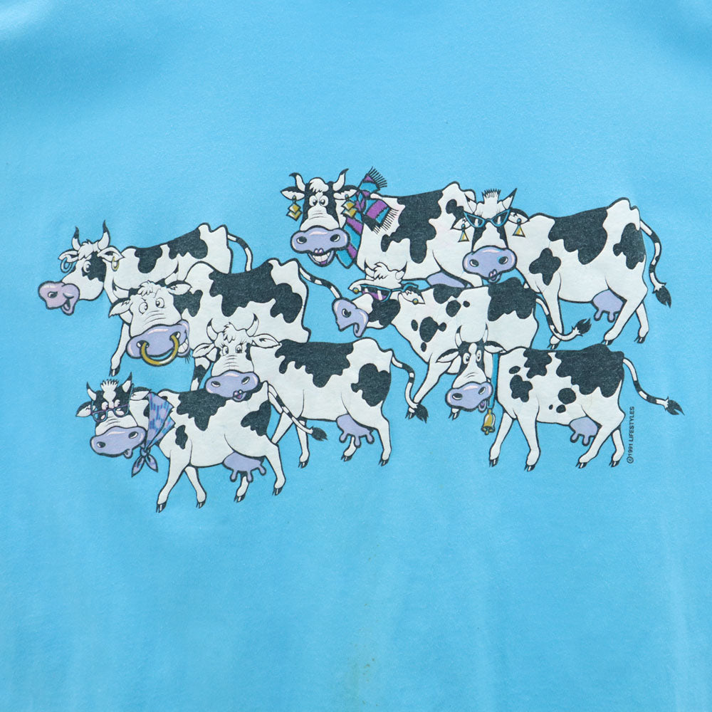 シグナル スポーツ 90s USA製 牛 半袖 LIFESTYLES Tシャツ L 水色 シングルステッチ オールド ヴィンテージ メンズ