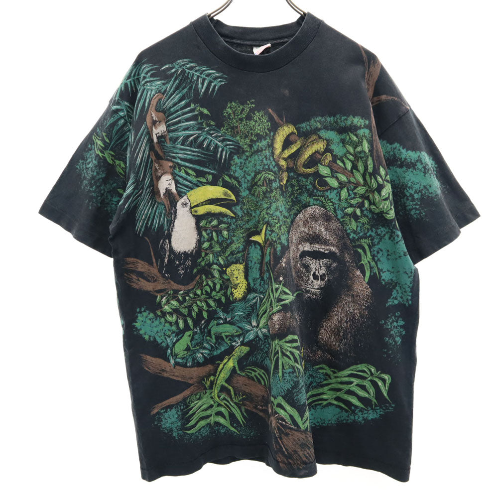 フルーツオブザルーム 90s USA製 アニマルプリント 半袖 シングルステッチ Tシャツ XL ブラック系 FRUIT OF THE LOOM オールド ヴィンテージ メンズ