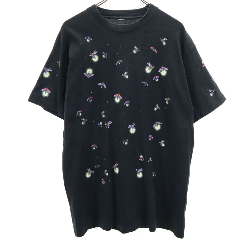 蓄光プリント 90s ホタルプリント 総柄 半袖 ホタル Tシャツ ブラック系 シングルステッチ オールド ヴィンテージ メンズ