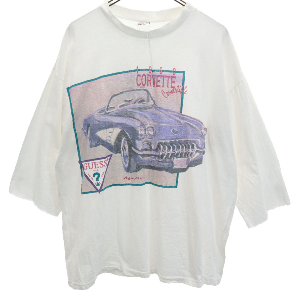 Guess ゲス 90s USA製 プリント 5分袖 シングルステッチ Tシャツ L ホワイト系 オールド ヴィンテージ メンズ