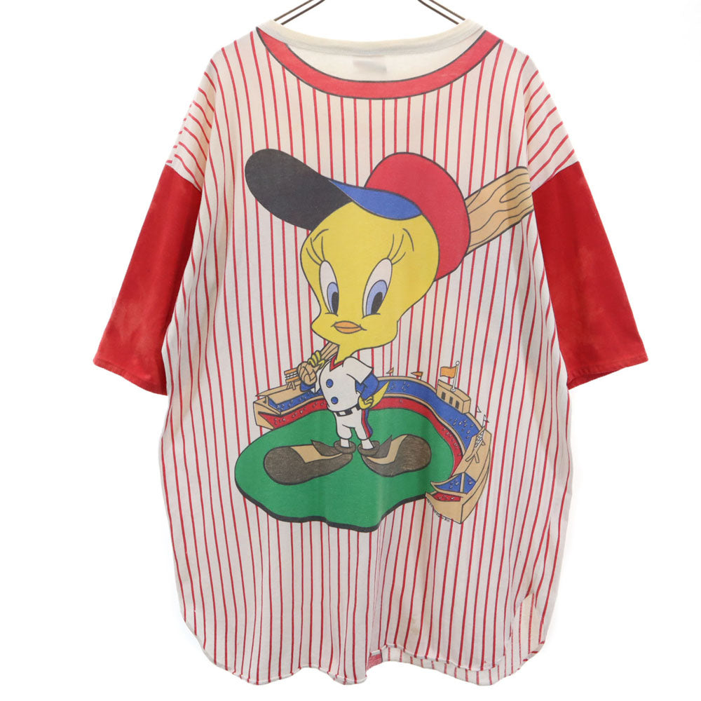 90s LOONEY TUNES ルーニーテューンズ トゥイーティー ストライプ 半袖 Tシャツ ベージュ系 シングルステッチ オールド ヴィンテージ メンズ