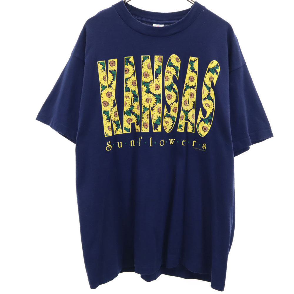 FRUIT OF THE LOOM フルーツオブザルーム 90s USA製 プリント 半袖 KANSAS ヒマワリ Tシャツ XL ネイビー系 オールド ヴィンテージ メンズ