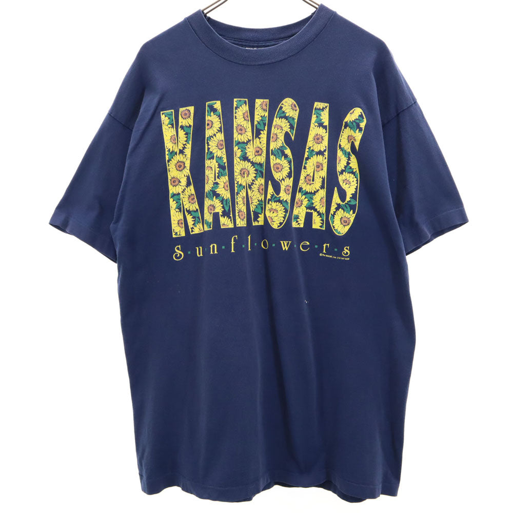 FRUIT OF THE LOOM フルーツオブザルーム 90s USA製 プリント 半袖 KANSAS ヒマワリ Tシャツ XL ネイビー系 オールド ヴィンテージ メンズ