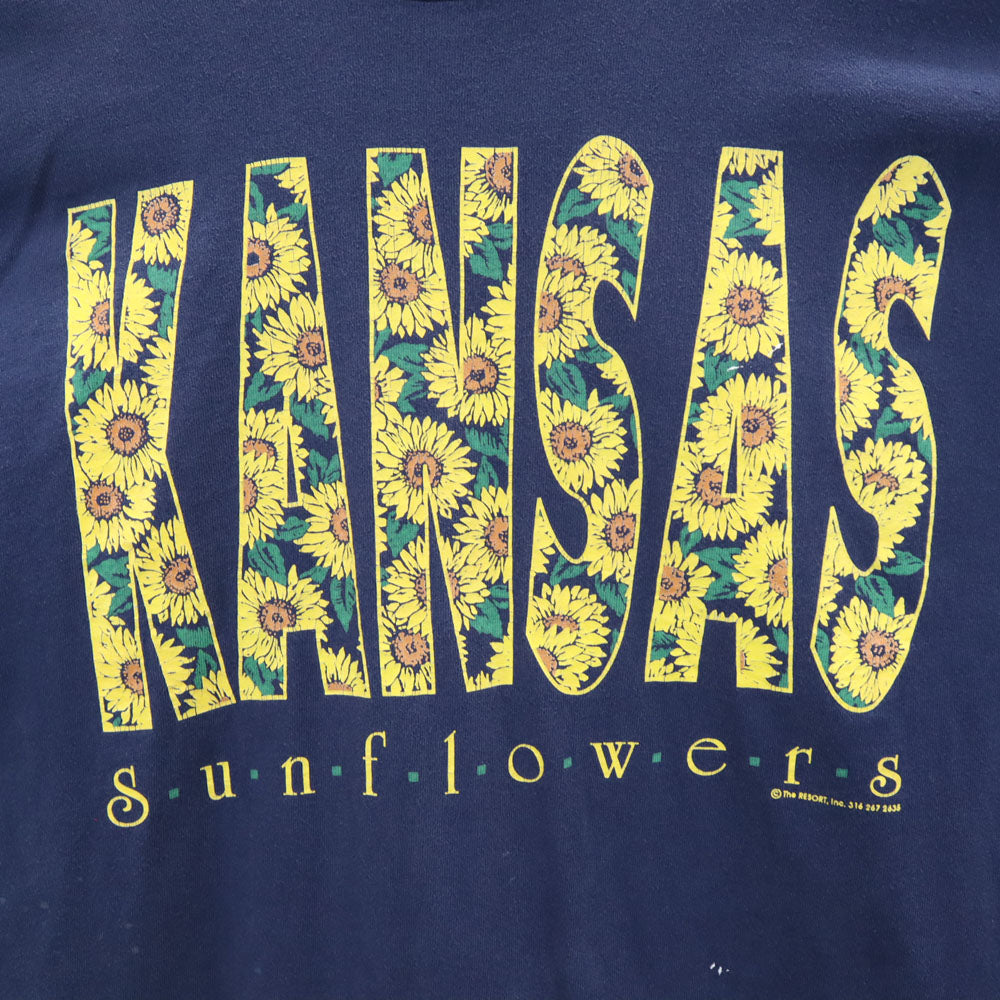 FRUIT OF THE LOOM フルーツオブザルーム 90s USA製 プリント 半袖 KANSAS ヒマワリ Tシャツ XL ネイビー系 オールド ヴィンテージ メンズ