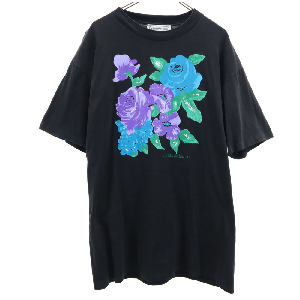 abernathy sport 90s USA製 花 プリント 半袖 シングルステッチ Tシャツ ONESIZE ブラック系 オールド ヴィンテージ メンズ