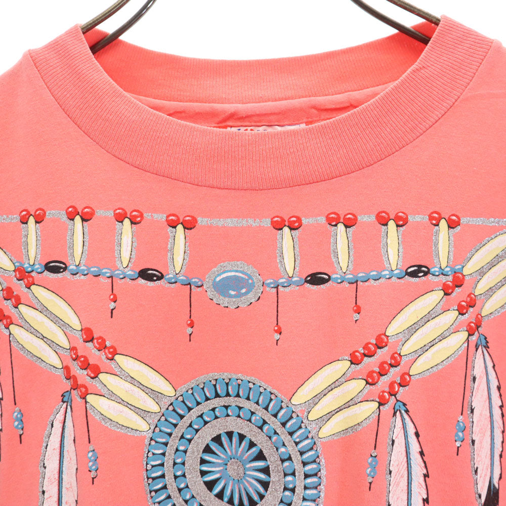 Hanes ヘインズ 90s USA製 ネイティブプリント 半袖 シングルステッチ Tシャツ XL コーラルピンク系 オールド ヴィンテージ メンズ