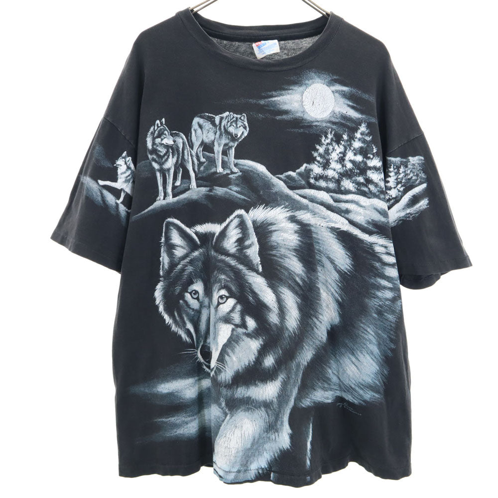 ヘインズ 90s USA製 アニマルプリント 半袖 シングルステッチ Tシャツ XL チャコールブラック Hanes BEEFY-T オオカミ オールド ヴィンテージ メンズ