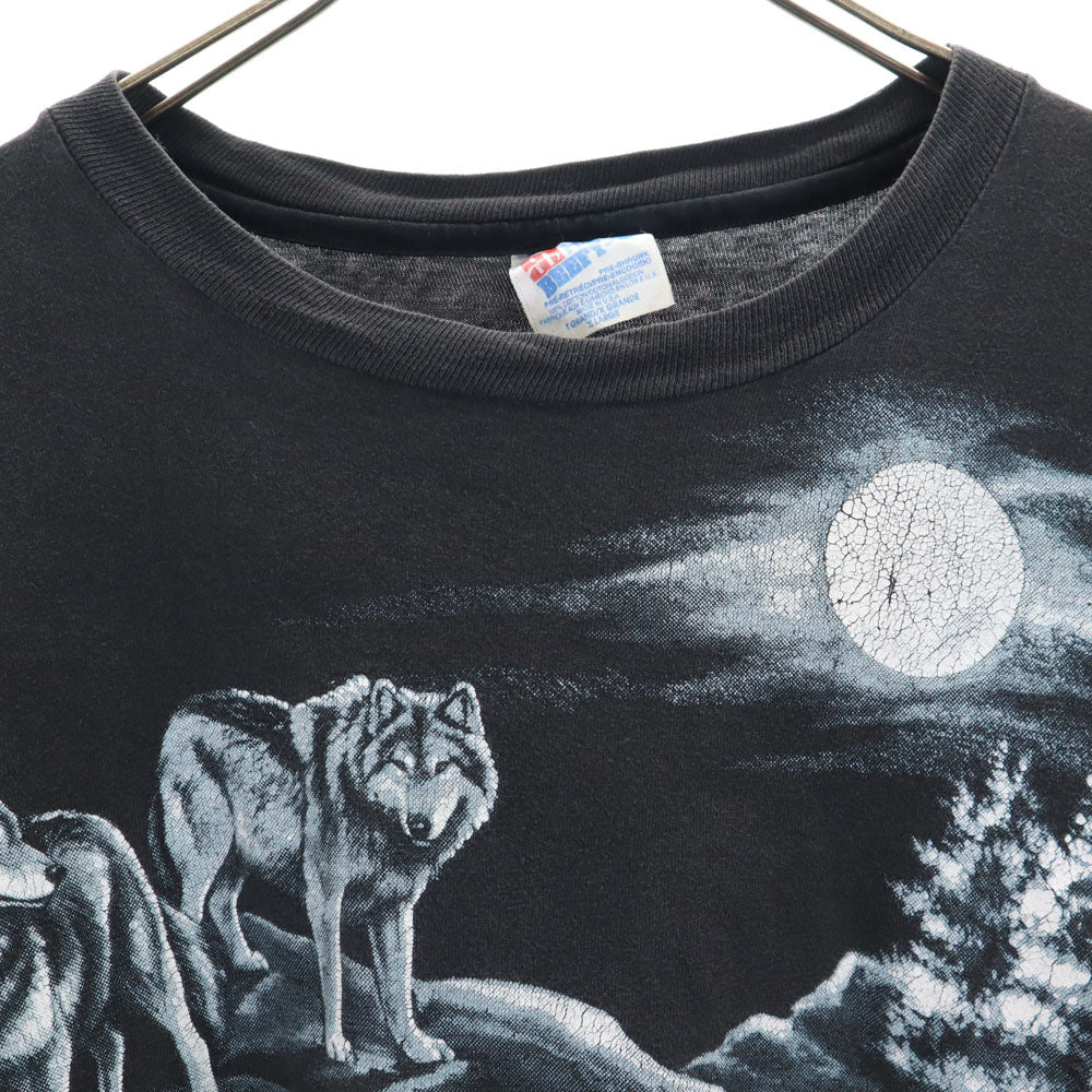 ヘインズ 90s USA製 アニマルプリント 半袖 シングルステッチ Tシャツ XL チャコールブラック Hanes BEEFY-T オオカミ オールド ヴィンテージ メンズ