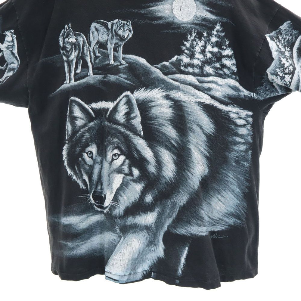 ヘインズ 90s USA製 アニマルプリント 半袖 シングルステッチ Tシャツ XL チャコールブラック Hanes BEEFY-T オオカミ オールド ヴィンテージ メンズ