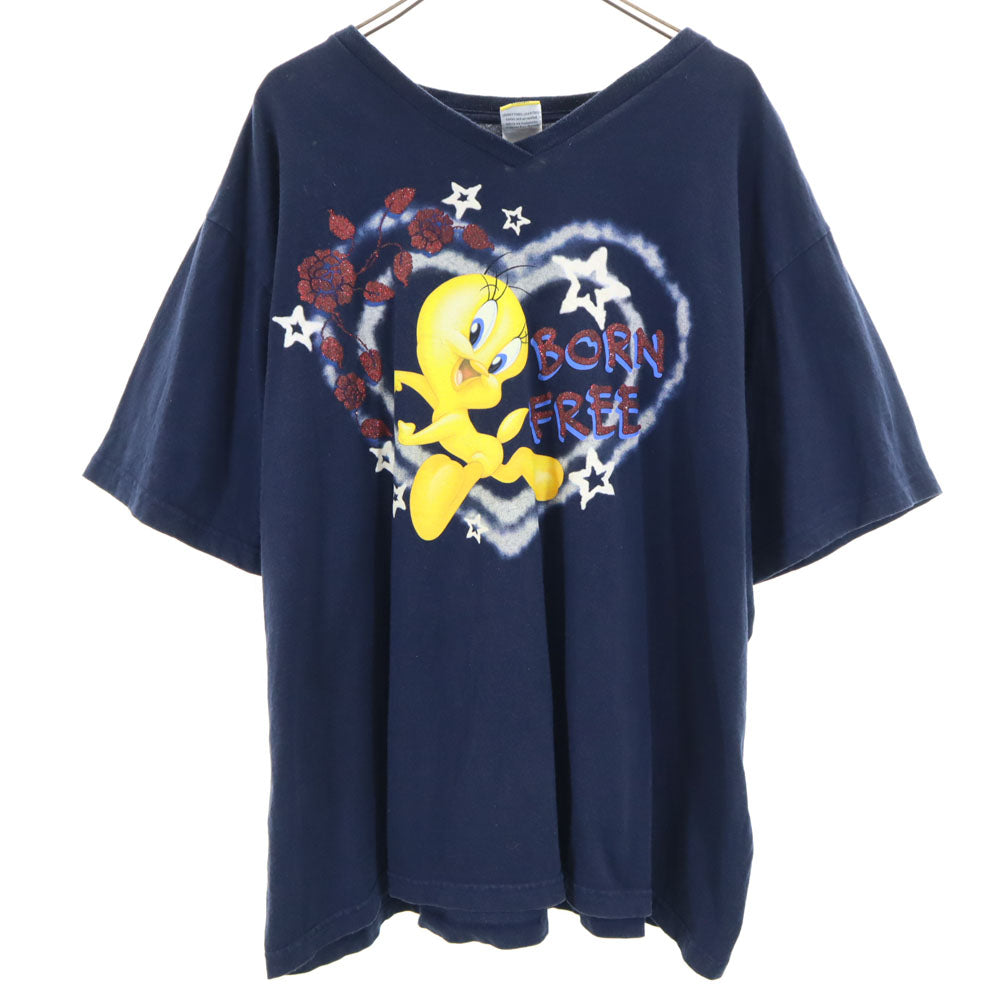 LOONEY TUNES ルーニーテューンズ 90s トゥイーティー 半袖 Vネック Tシャツ 22/24 ネイビー シングルステッチ オールド ヴィンテージ レディース