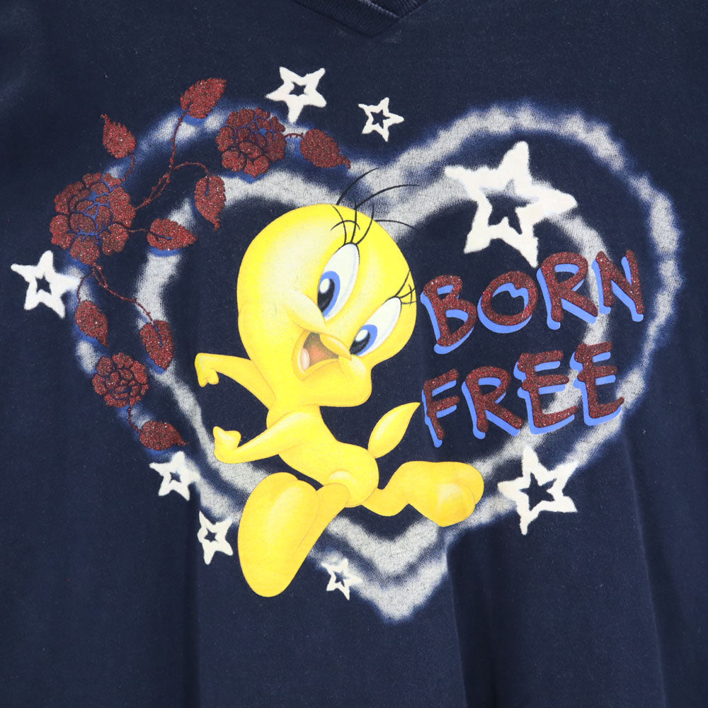 LOONEY TUNES ルーニーテューンズ 90s トゥイーティー 半袖 Vネック Tシャツ 22/24 ネイビー シングルステッチ オールド ヴィンテージ レディース