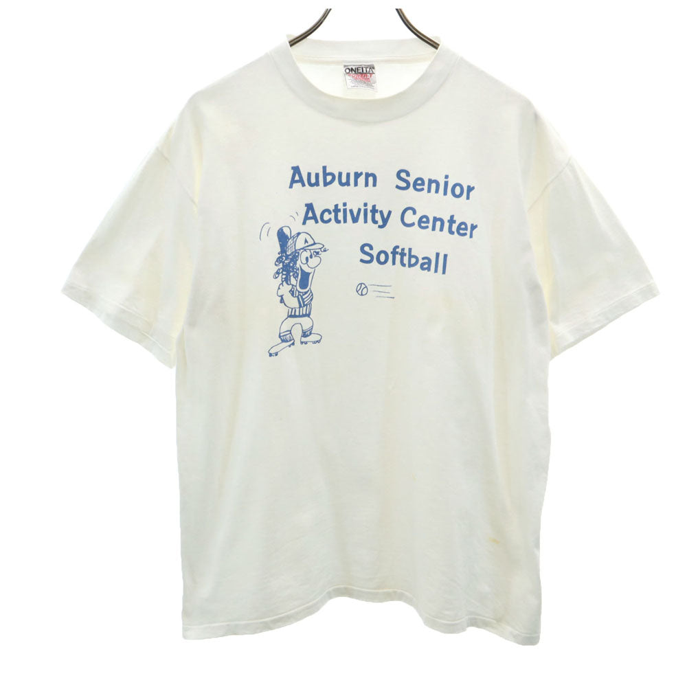 オニータ 90s USA製 プリント 半袖 Tシャツ L ホワイト系 ONEITA シングルステッチ オールド メンズ