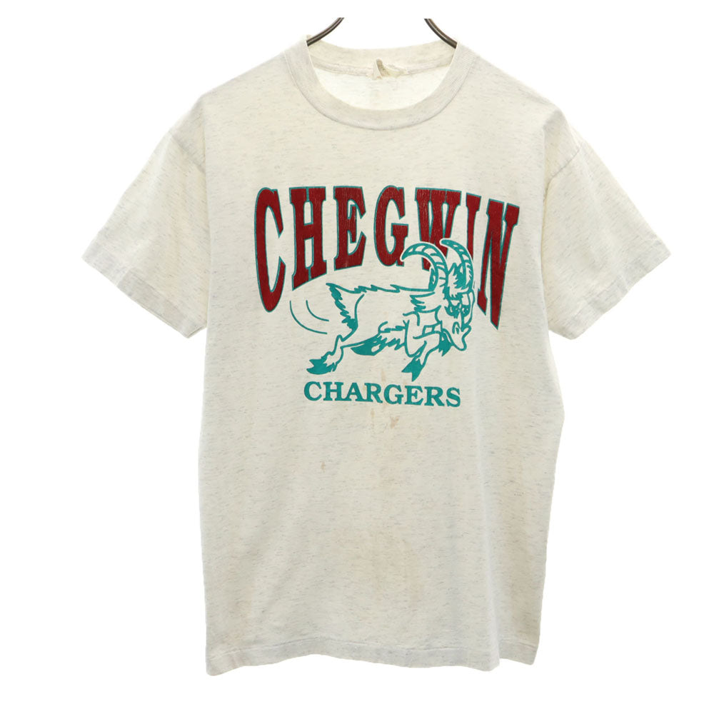 Celebrity sportswear 80s 90s カナダ製 CHEGWIN CHARGERS プリント 半袖 Tシャツ M ライトグレー シングルステッチ カレッジ オールド メンズ