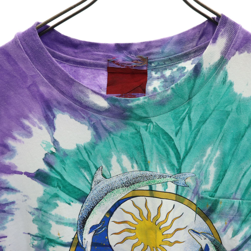 OLD オールド 90s USA製 タイダイ柄 イルカ 半袖 Tシャツ ONESIZE パープル シングルステッチ ポケT メンズ