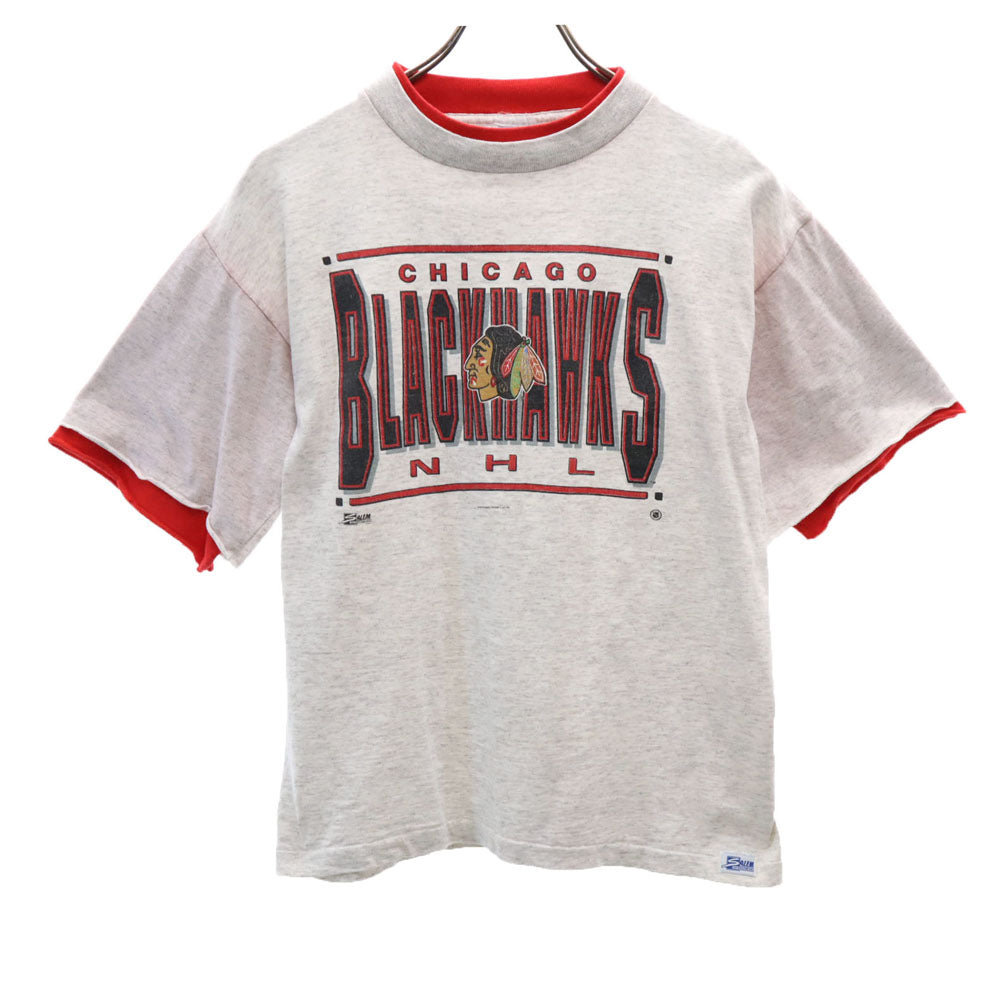 SALEM セーラム 90s USA製 半袖 NHL シカゴ・ブラックホークス オールド Tシャツ 14-16 ライトグレー レイヤード キッズ