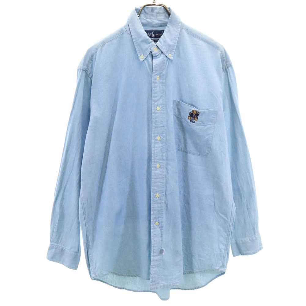 RALPH LAUREN ラルフローレン 90s オールド ポロベア 長袖 シャンブレーシャツ L ブルー メンズ