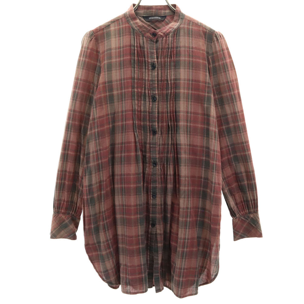 HYSTERIC ヒステリック チェック柄 長袖 ピンタック バンドカラーシャツ F ブラウン系 チュニック レディース