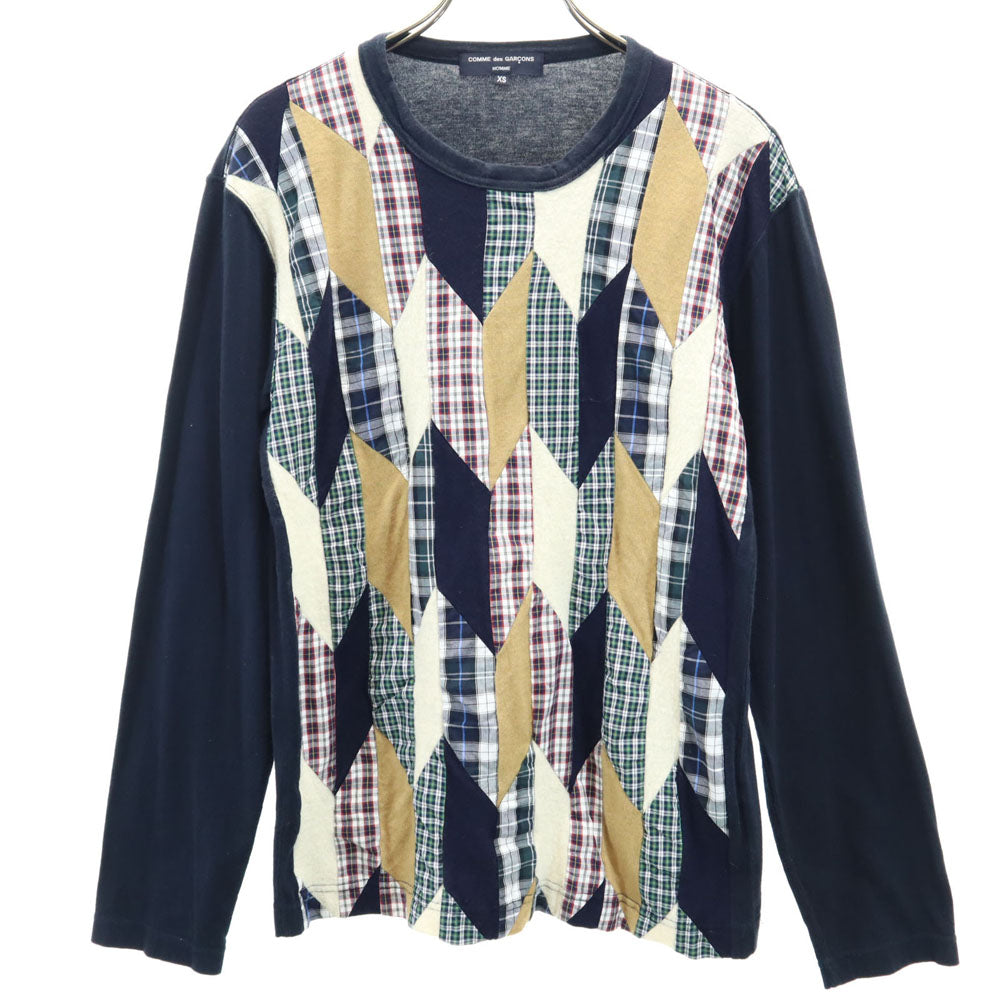 コムデギャルソンオム 2010年 日本製 クレイジーパターン チェック柄 長袖 Tシャツ XS 濃紺 COMME des GARCONS HOMME ロンT パッチワーク メンズ