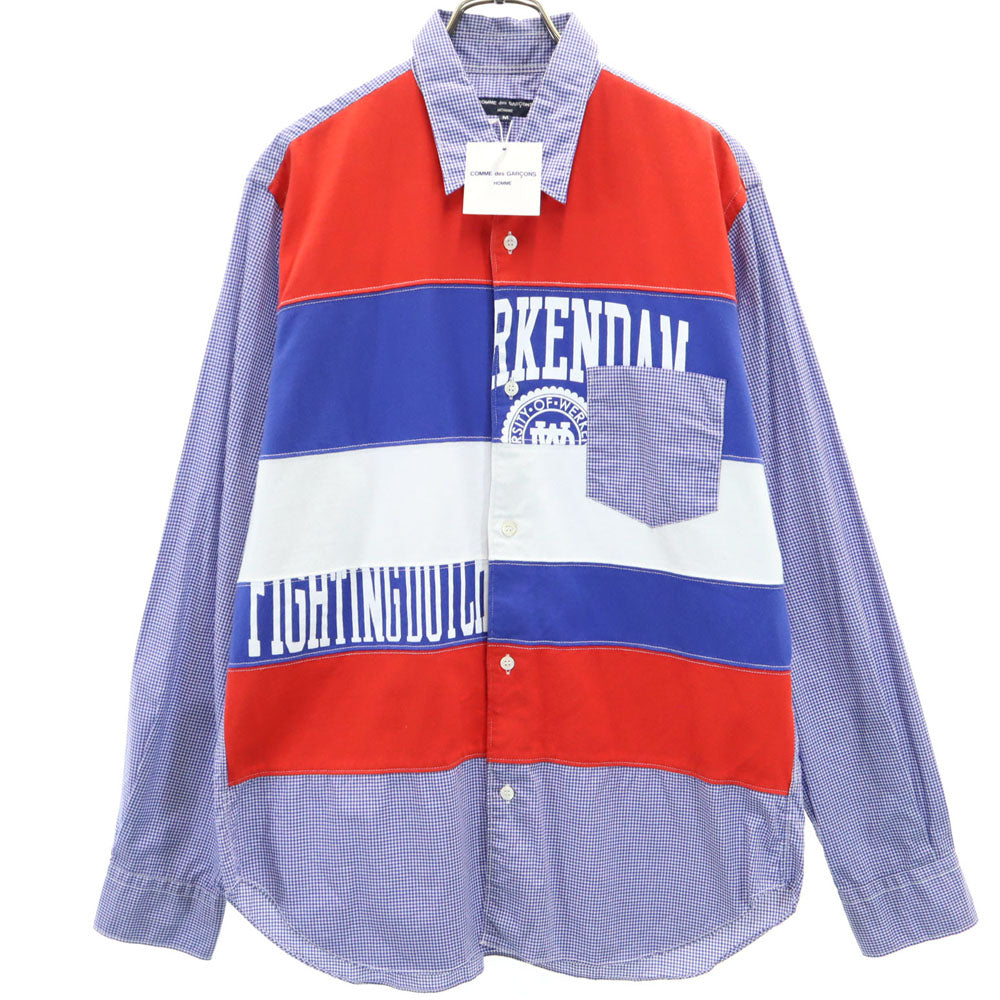 未使用 COMME des GARCONS HOMME コムデギャルソンオム 2019年 日本製 チェック柄 長袖 切替 シャツ M ブルー 他 メンズ