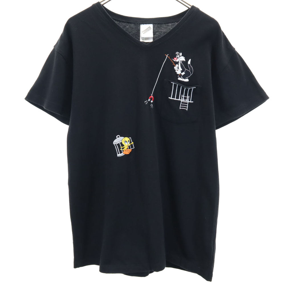 WARNER BROS. STUDIO STORE ワーナーブラザーススタジオストア 90s ルーニー・テューンズ トゥイーティー シルベスター オールド 半袖 Vネック Tシャツ S ブラック系 ポケT メンズ
