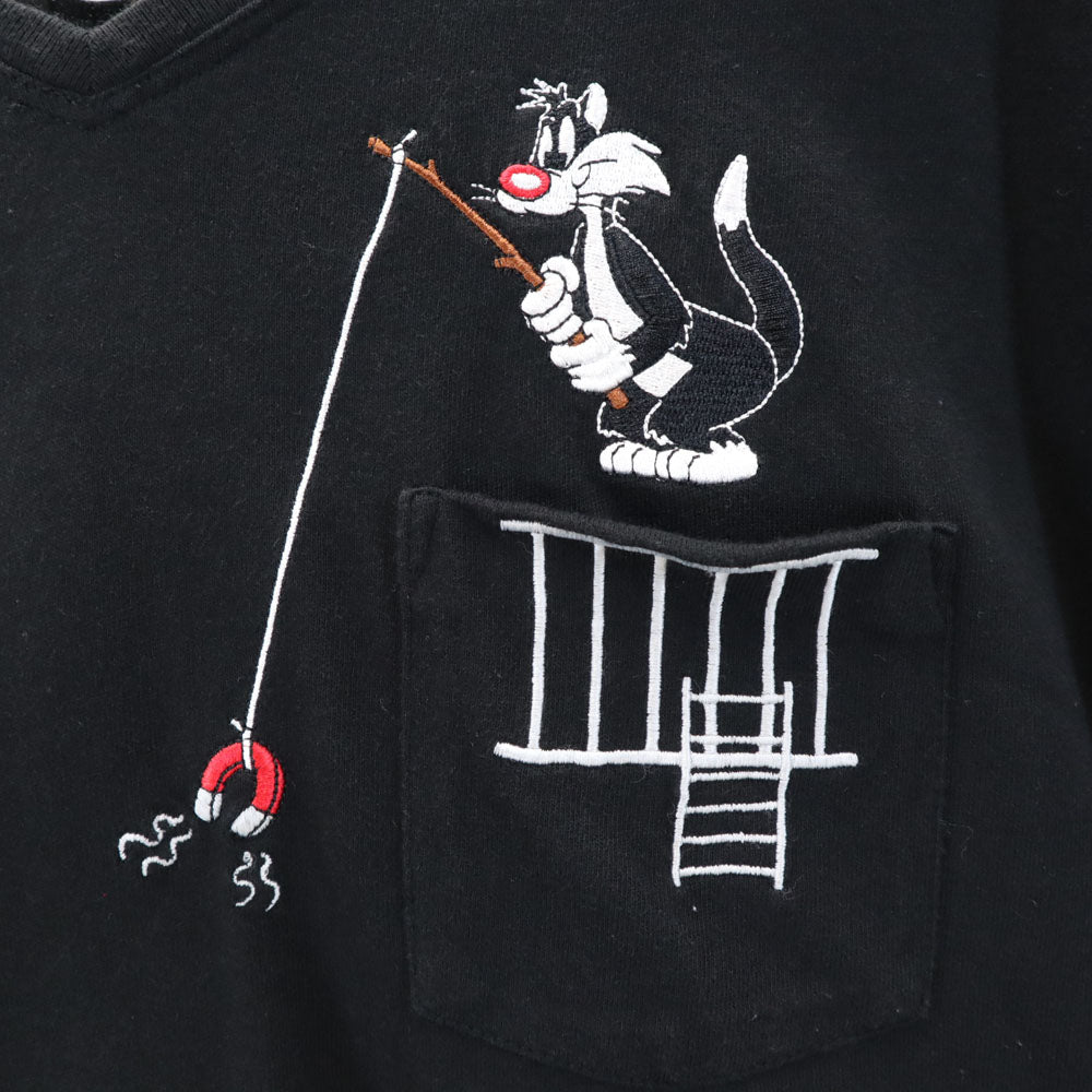 WARNER BROS. STUDIO STORE ワーナーブラザーススタジオストア 90s ルーニー・テューンズ トゥイーティー シルベスター オールド 半袖 Vネック Tシャツ S ブラック系 ポケT メンズ