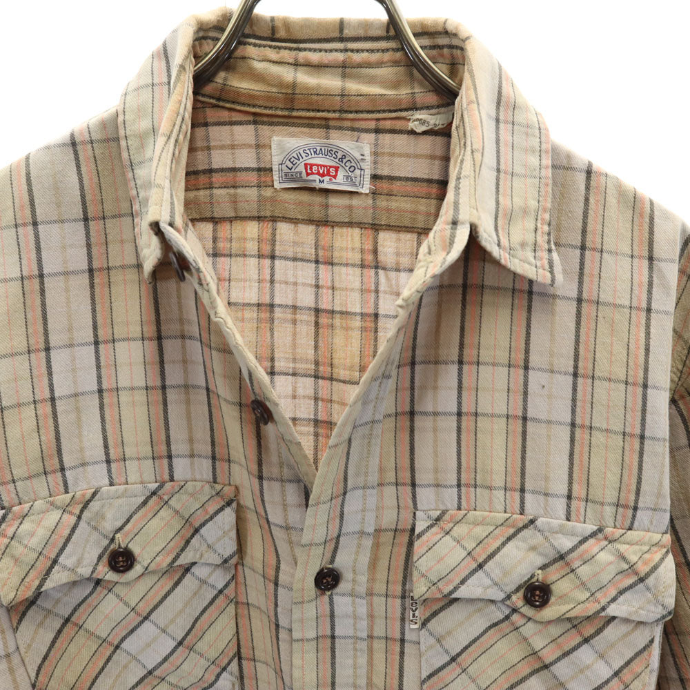 Levi's リーバイス 70s 80s 日本製 ヴィンテージ チェック柄 長袖 シャツ M ベージュ メンズ