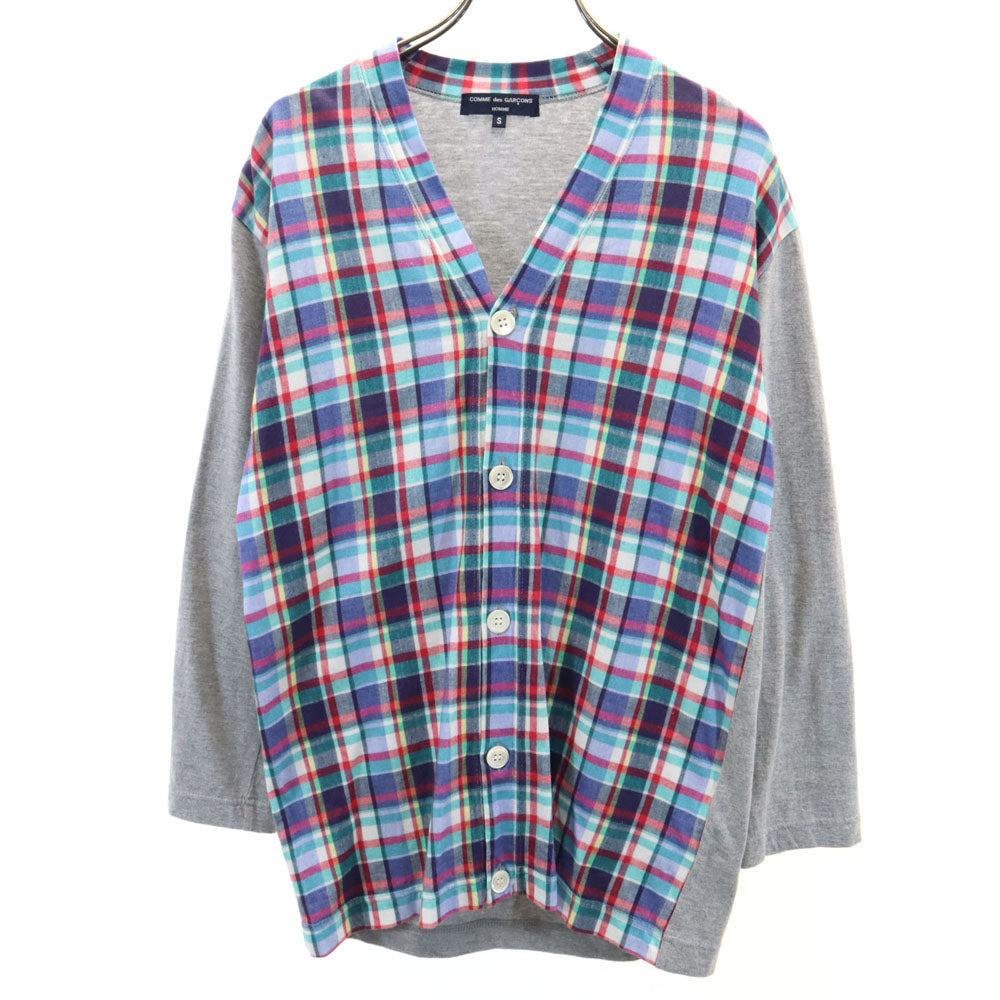 COMME des GARCONS HOMME コムデギャルソンオム 2011年製 日本製 チェック柄切替 7分袖 Vネック カーディガン S グレー 他 メンズ