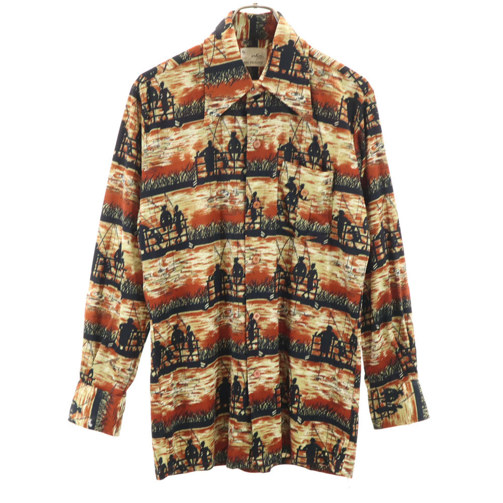 VINTAGE ヴィンテージ 70s ポリシャツ 総柄 長袖 シャツ ブラウン系 メンズ