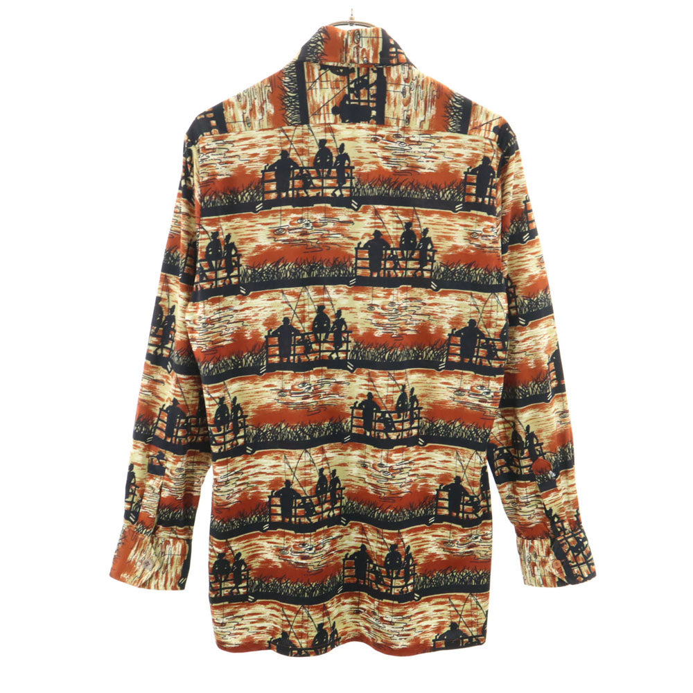 VINTAGE ヴィンテージ 70s ポリシャツ 総柄 長袖 シャツ ブラウン系 メンズ