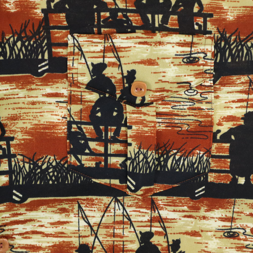 VINTAGE ヴィンテージ 70s ポリシャツ 総柄 長袖 シャツ ブラウン系 メンズ