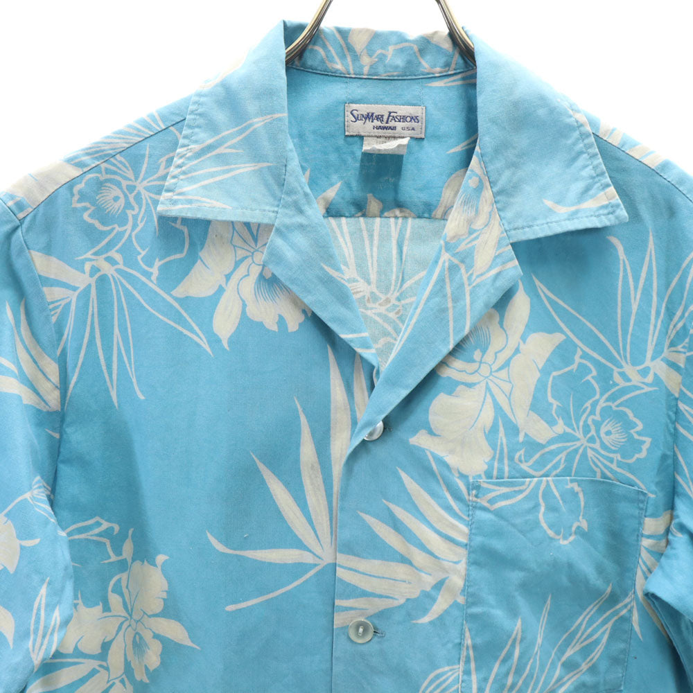 サンマリファッションズ 80s ヴィンテージ 花柄 半袖 オープンカラー アロハシャツ M ライトブルー SUNMARI FASHIONS 開襟 メンズ