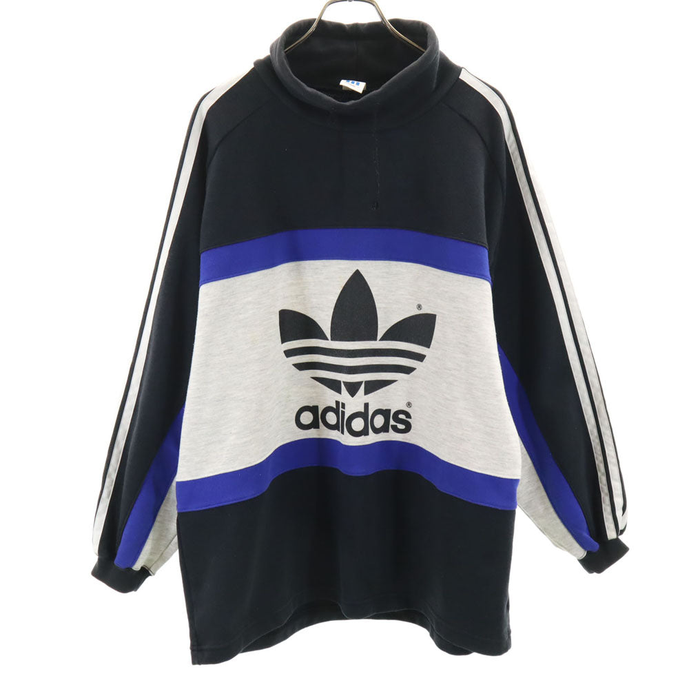 adidas アディダス 80s 日本製 デサント製 ヴィンテージ トレフォイルロゴ 長袖 ハイネック スウェット トレーナー O ブラック×グレー プルオーバー メンズ