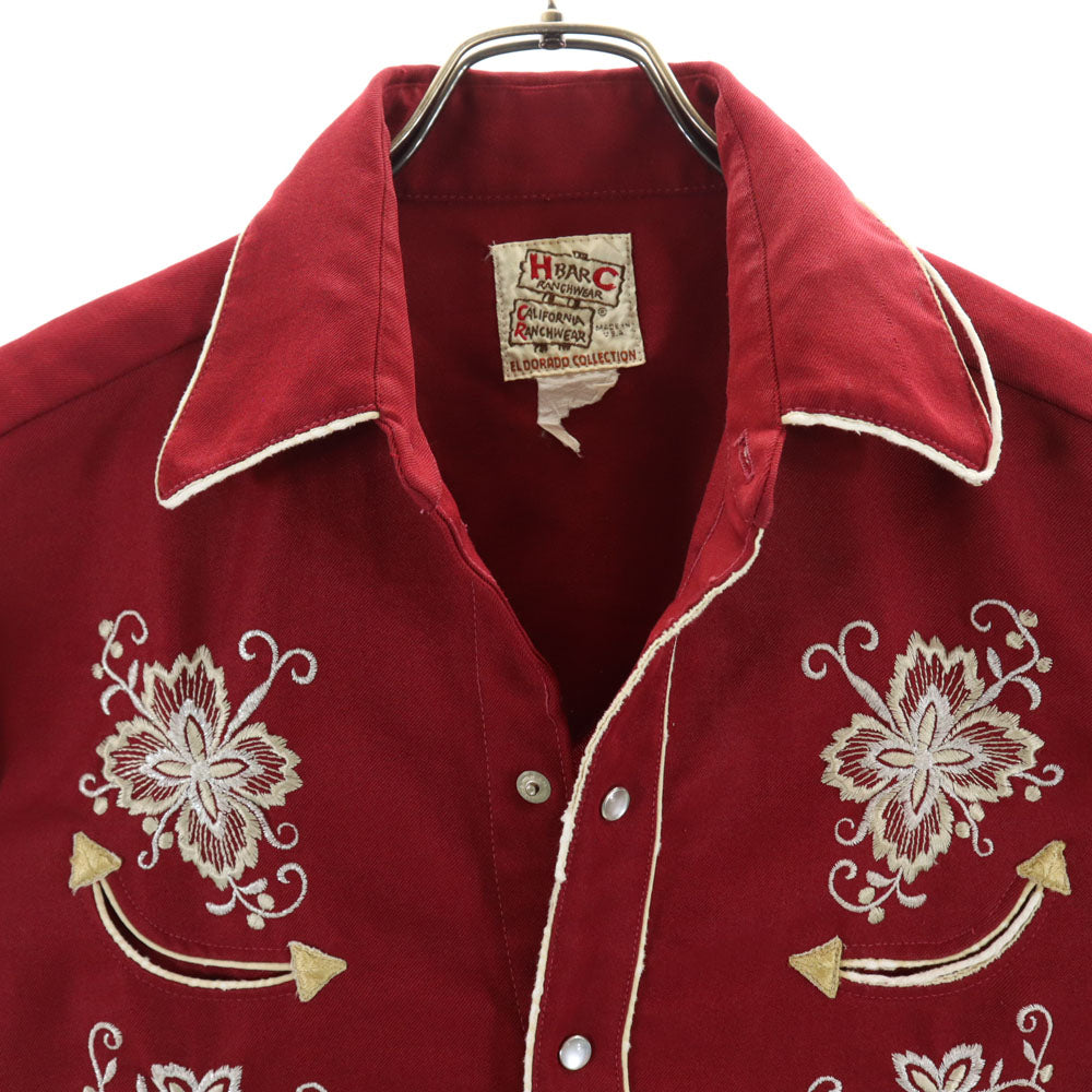 エイチバーシー 60s USA製 ヴィンテージ 花刺繍 長袖 ウエスタンシャツ ワインレッド H BAR C メンズ