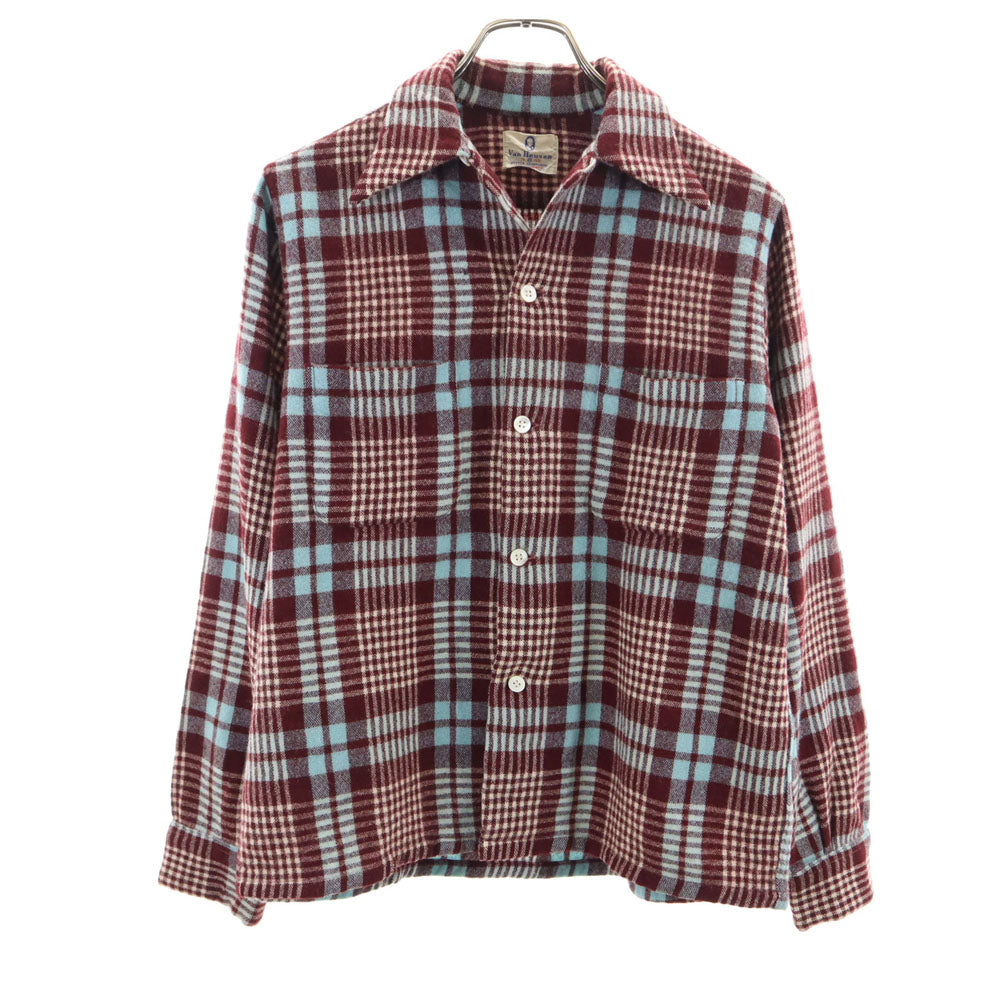 VAN HEUSEN ヴァンヒューゼン 50s 60s 開襟 ヴィンテージ ボックスシルエット チェック柄 長袖 オープンカラーシャツ M ブラウン系 メンズ