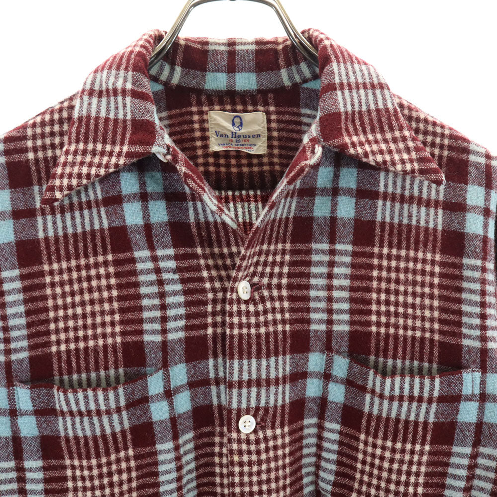 VAN HEUSEN ヴァンヒューゼン 50s 60s 開襟 ヴィンテージ ボックスシルエット チェック柄 長袖 オープンカラーシャツ M ブラウン系 メンズ