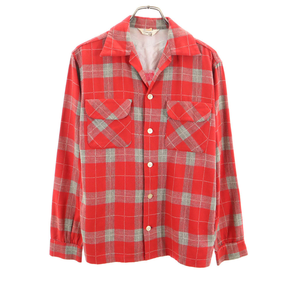 The men's shop 50s 60s 開襟 オープンカラー ヴィンテージ ボックスシルエット チェック柄 長袖 オープンカラーシャツ S 赤系 メンズ