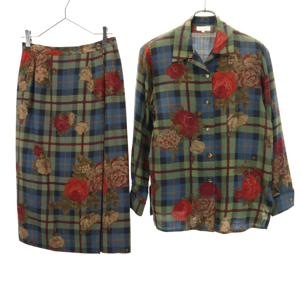 バーバリーズ 90s シルクブレンド オールド 花柄 長袖 オープンカラーシャツ 上下 セットアップ 7AR/9 カーキ 他 Burberrys ラップスカート レディース