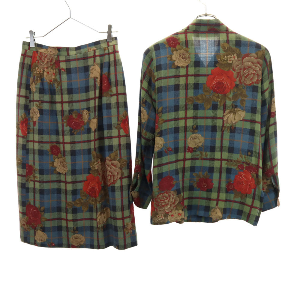 バーバリーズ 90s シルクブレンド オールド 花柄 長袖 オープンカラーシャツ 上下 セットアップ 7AR/9 カーキ 他 Burberrys ラップスカート レディース