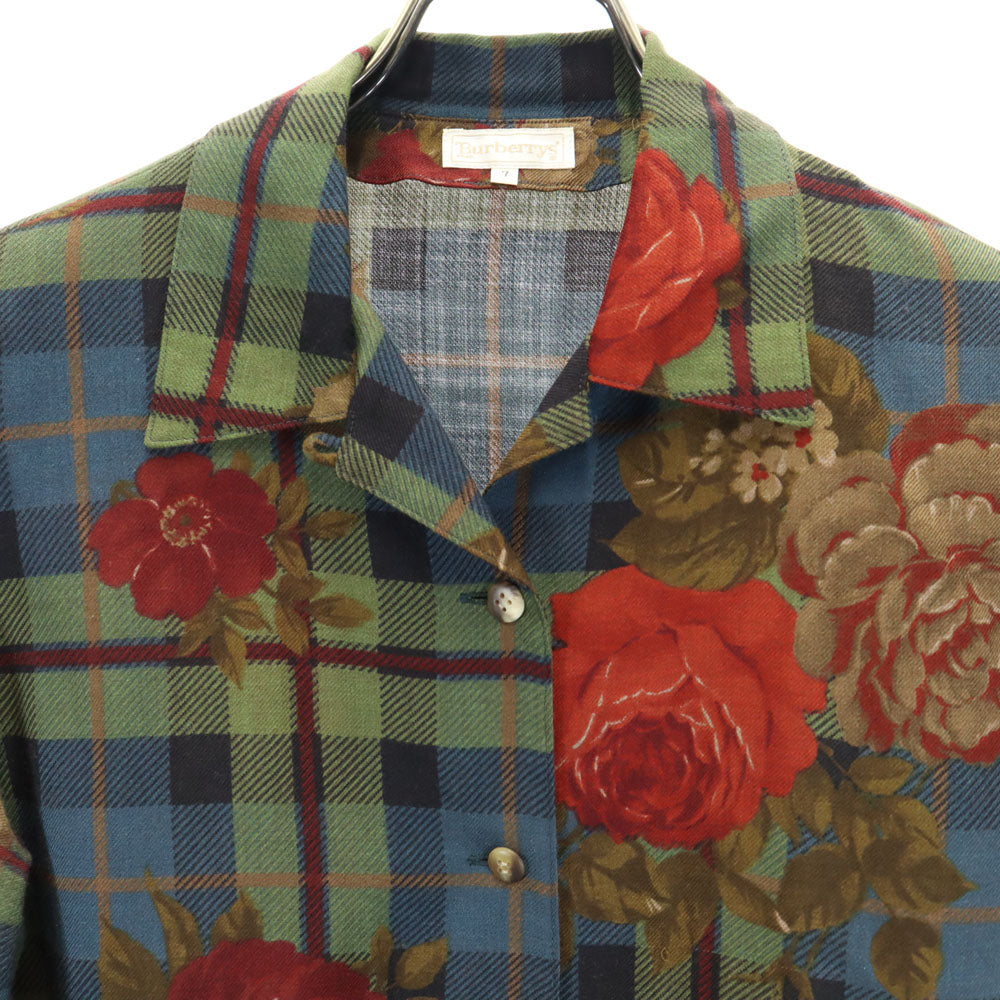 バーバリーズ 90s シルクブレンド オールド 花柄 長袖 オープンカラーシャツ 上下 セットアップ 7AR/9 カーキ 他 Burberrys ラップスカート レディース