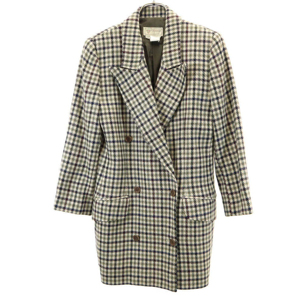 GUCCI グッチ 80s 90s イタリア製 ウールブレンド オールド チェック柄 ジャケット 40 カーキ系 ダブルボタン レディース